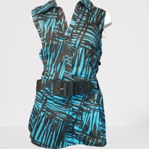 Button Up Sleeveless Belt Abstract Stretch Blouse